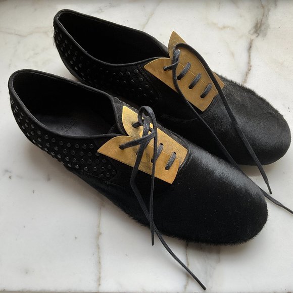 VALAS Hair On Black Laced Loafers with Gold metal Trim Lace Panel - Picture 2 of 6